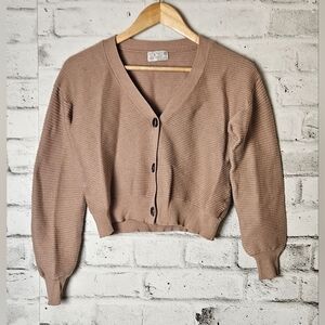 POOF Apparel Cropped Button Tan Sweater